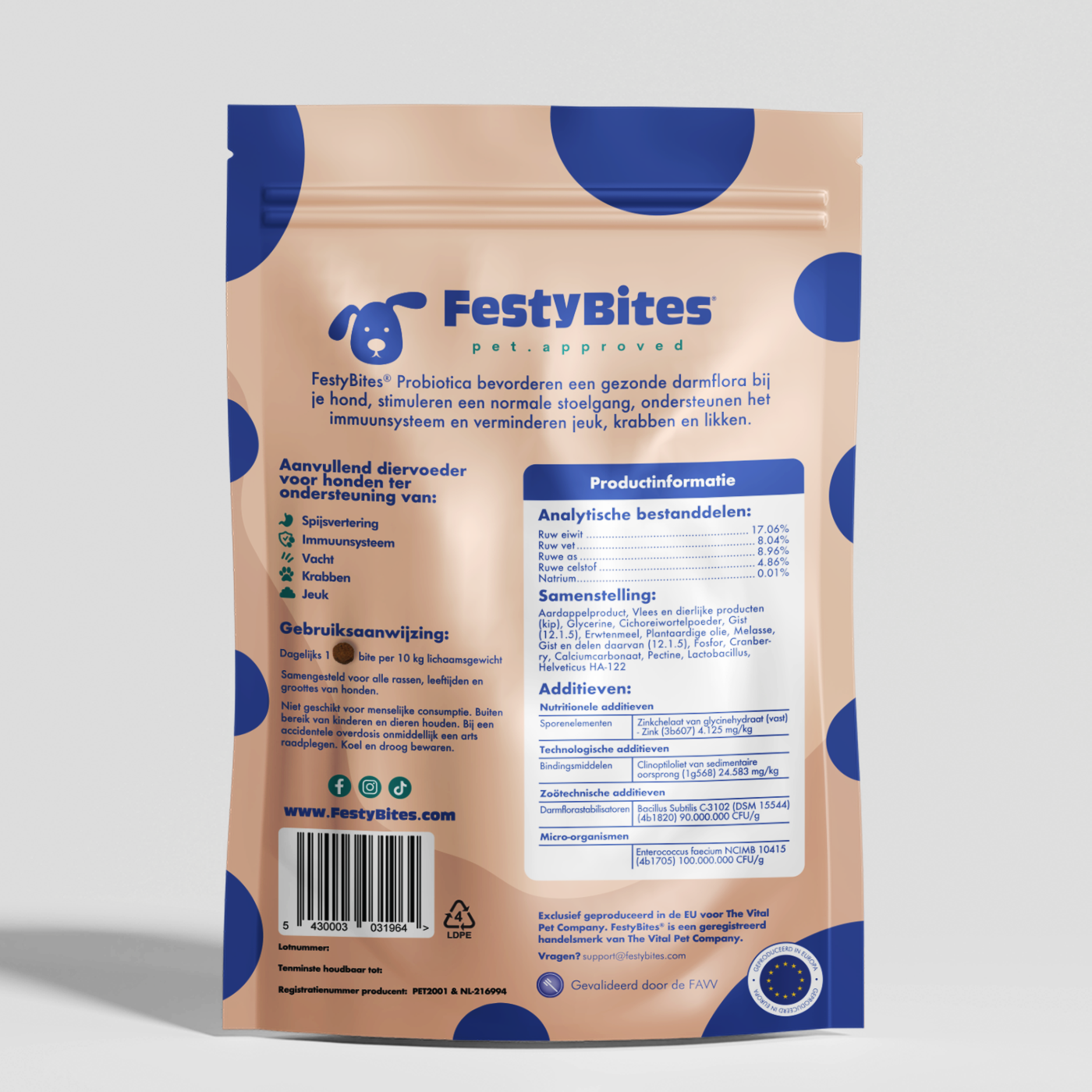 FestyBites® Probiotica is een zorgvuldig ontwikkeld probiotica snoepje dat jeuk, krabben, poten bijten en darmflora, spijsverterings problemen van jouw hond aanpakt