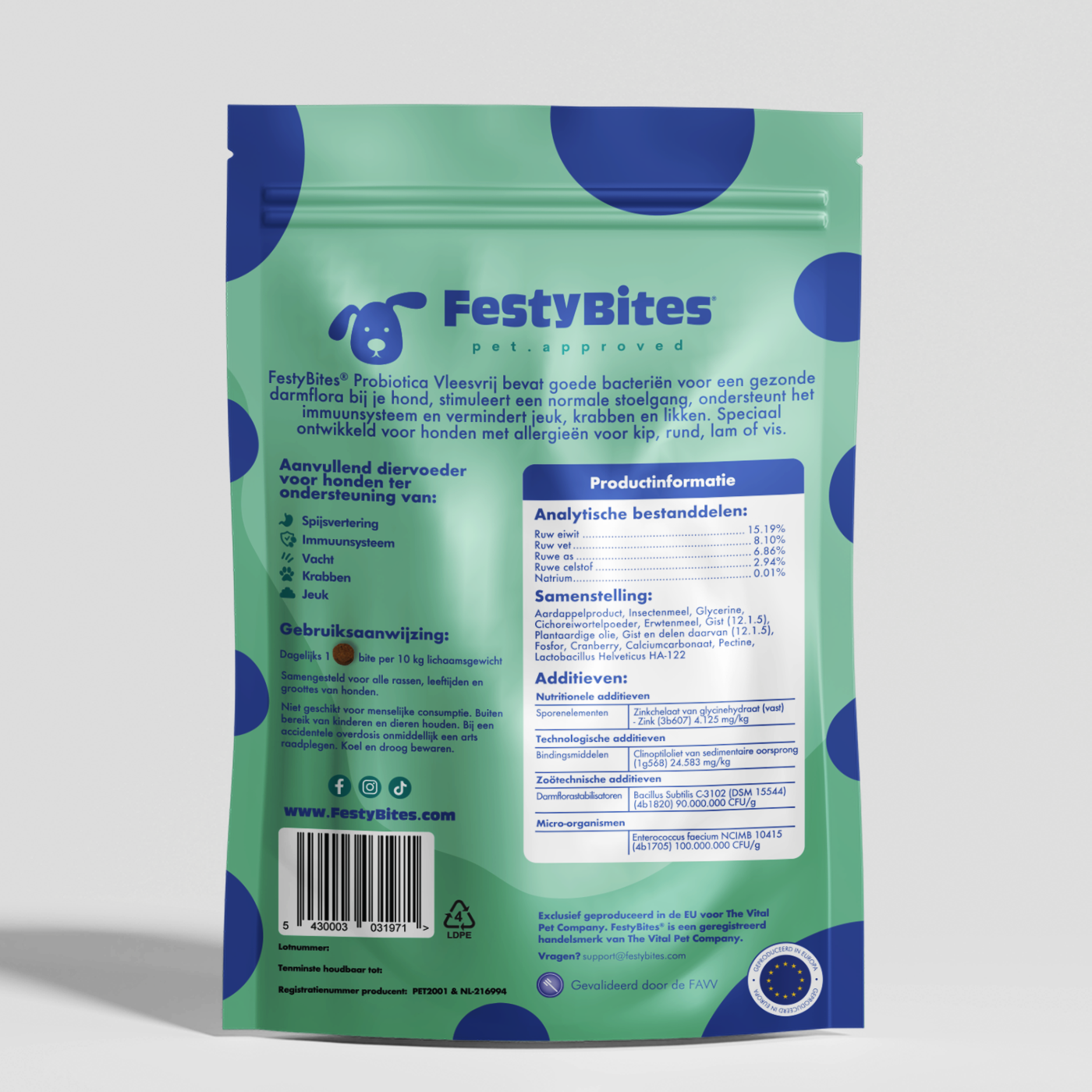 FestyBites® Probiotica Vleesvrij: zorgvuldige mix met Lactobacillus Helveticus, Bacillus Subtilis, Enterococcus faecium, Prebiotica zoals Cichoreiwortelpoeder, en Erwtenmeel.