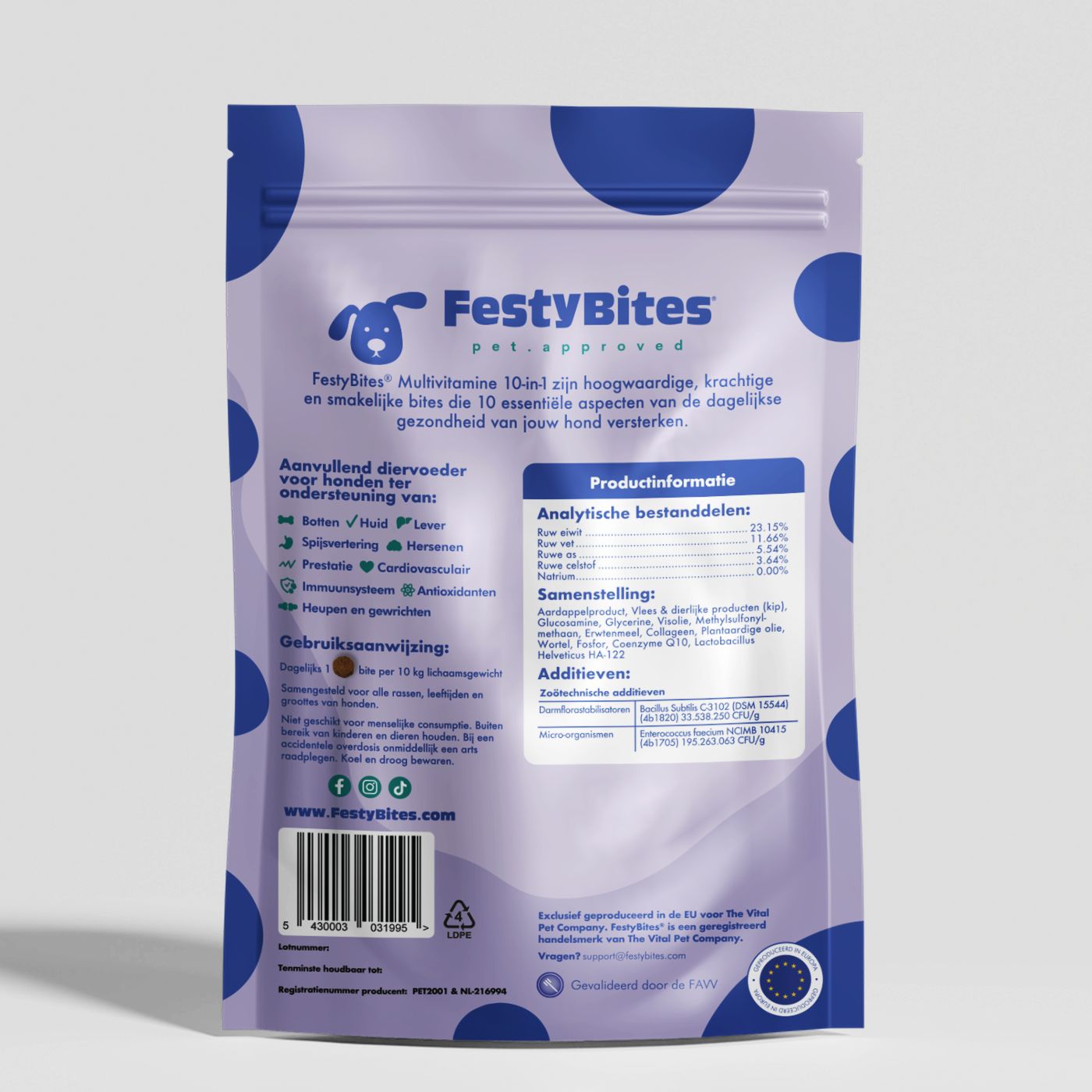 FestyBites® Multivitamine 10-in-1: Sterke botten, darmgezondheid, huid & vacht, hartfunctie, antioxidanten, lever, prestaties.