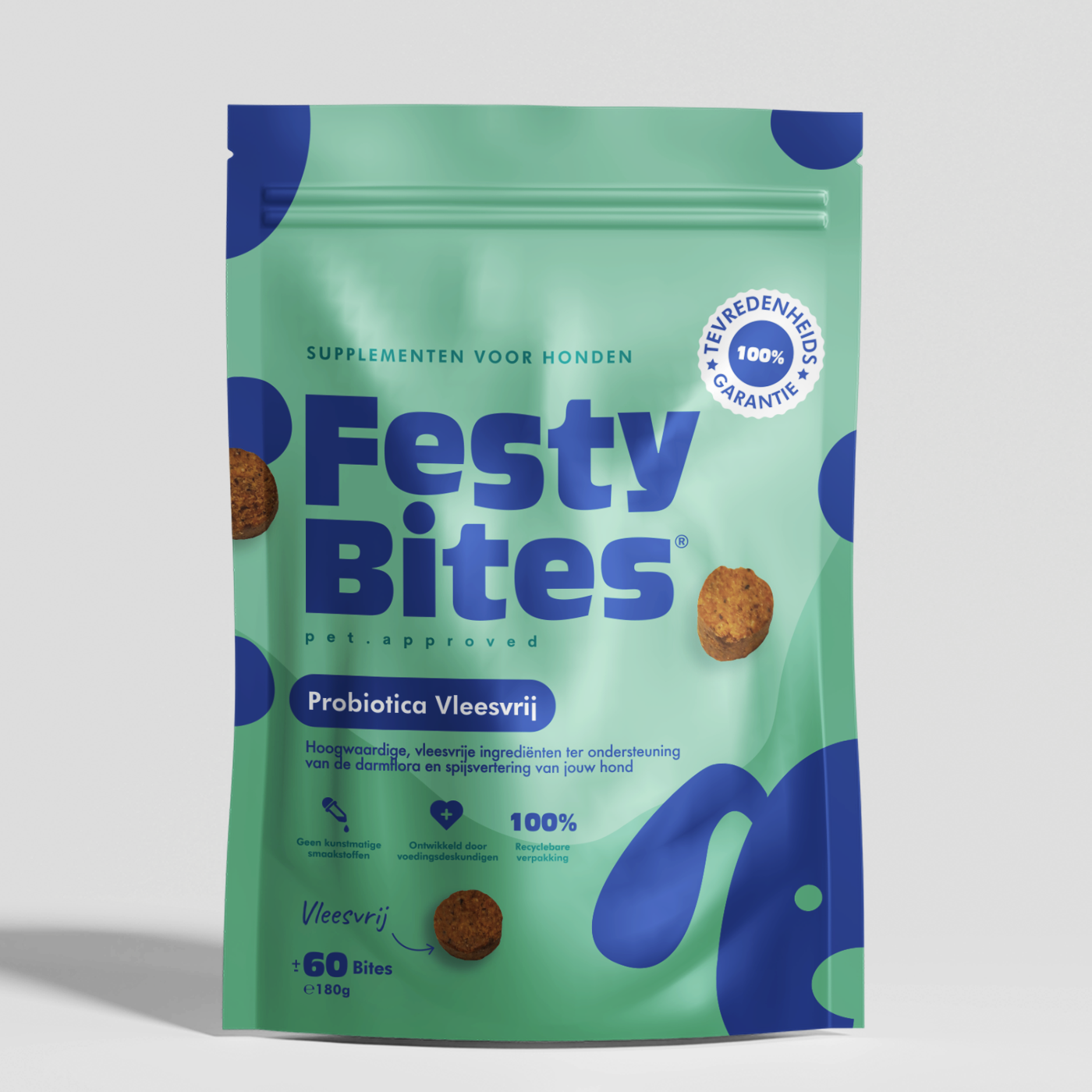 FestyBites® Probiotica voor honden tegen jeuk: vleesvrije snoepjes bieden effectieve hulp bij jeuk- en darmfloraproblemen, geschikt voor allergische honden.
