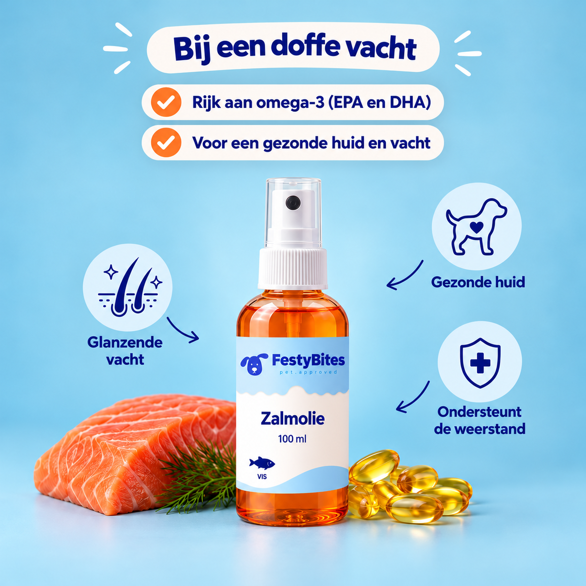 Zalmolie Spray voor Honden – 100 ml | Omega 3 & 6 | FestyBites