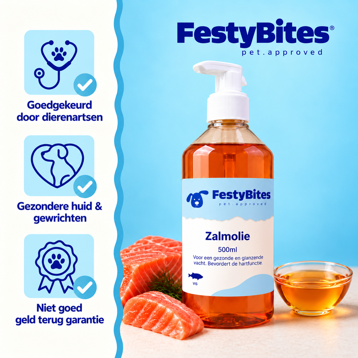 Zalmolie voor Honden en Katten 500 ml | Omega 3 & 6 | FestyBites