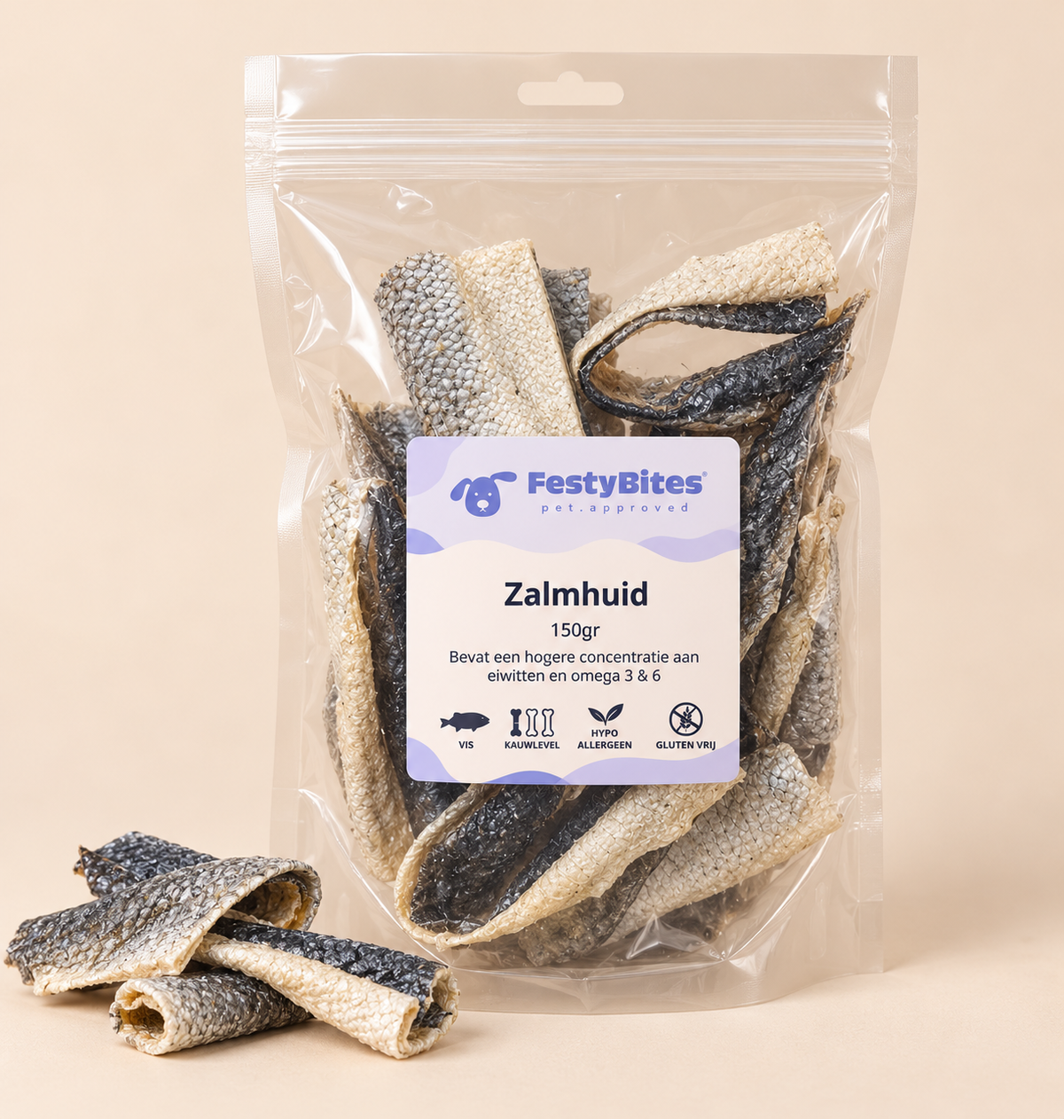 Gedroogde Zalmhuid voor Honden – 150 gram | FestyBites