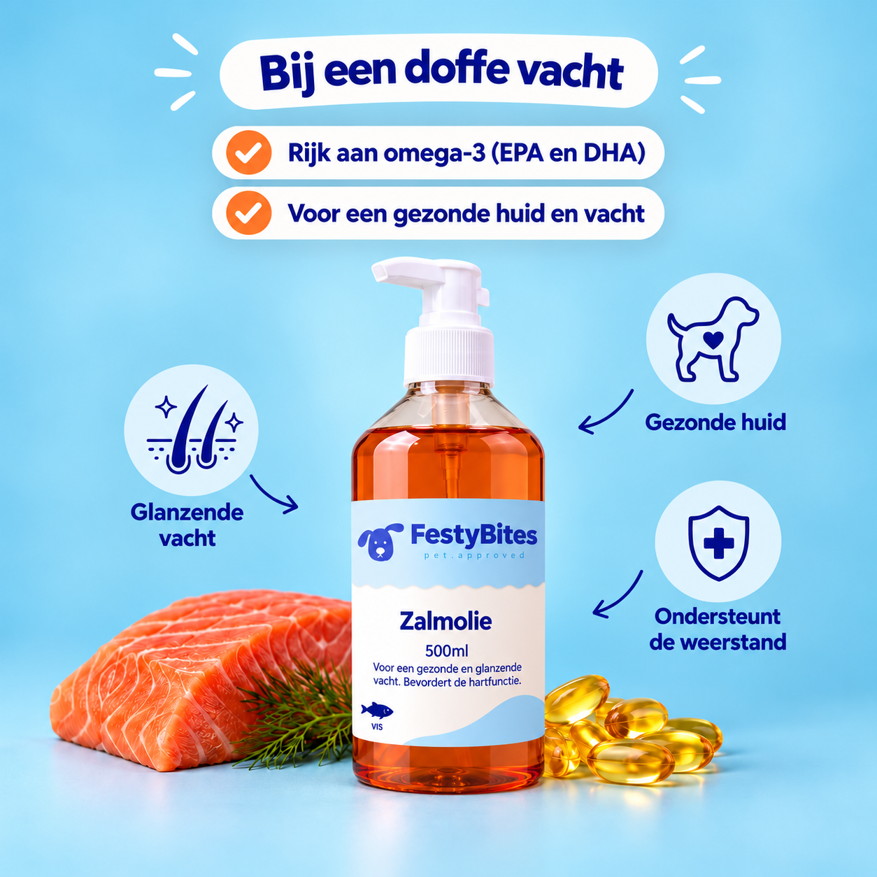 Zalmolie voor Honden en Katten 500 ml | Omega 3 & 6 | FestyBites